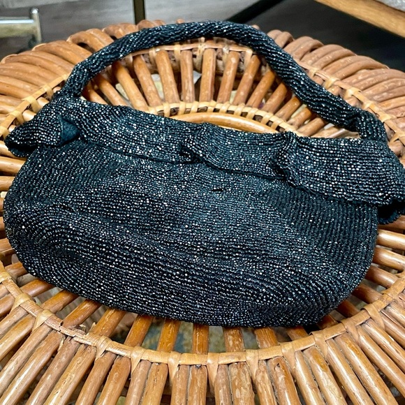 Vintage 1940s Ornately Hand-Beaded Black Sparkly Top Handle Evening Bag - Picture 8 of 13